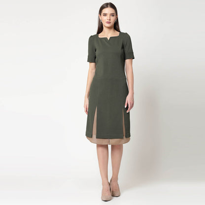 Olive Dress With Beige Inner Shirt