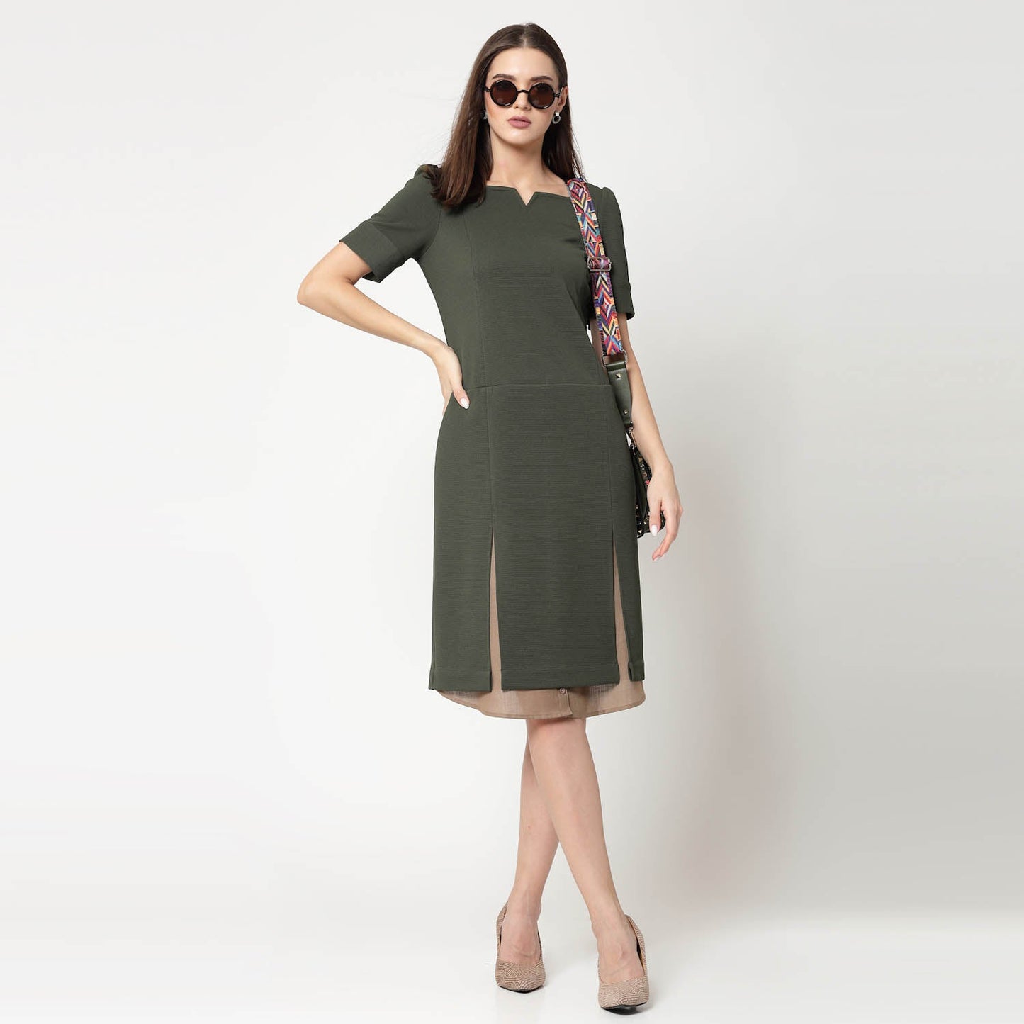 Olive Dress With Beige Inner Shirt
