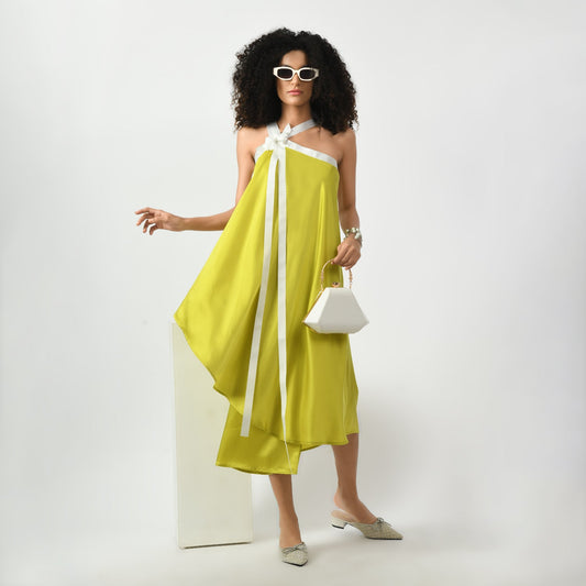Olive Satin Asymmetrical Dress With Ribbed Ribbon