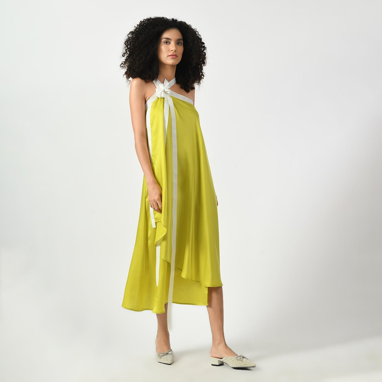 Olive Satin Asymmetrical Dress With Ribbed Ribbon