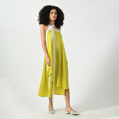 Olive Satin Asymmetrical Dress With Ribbed Ribbon