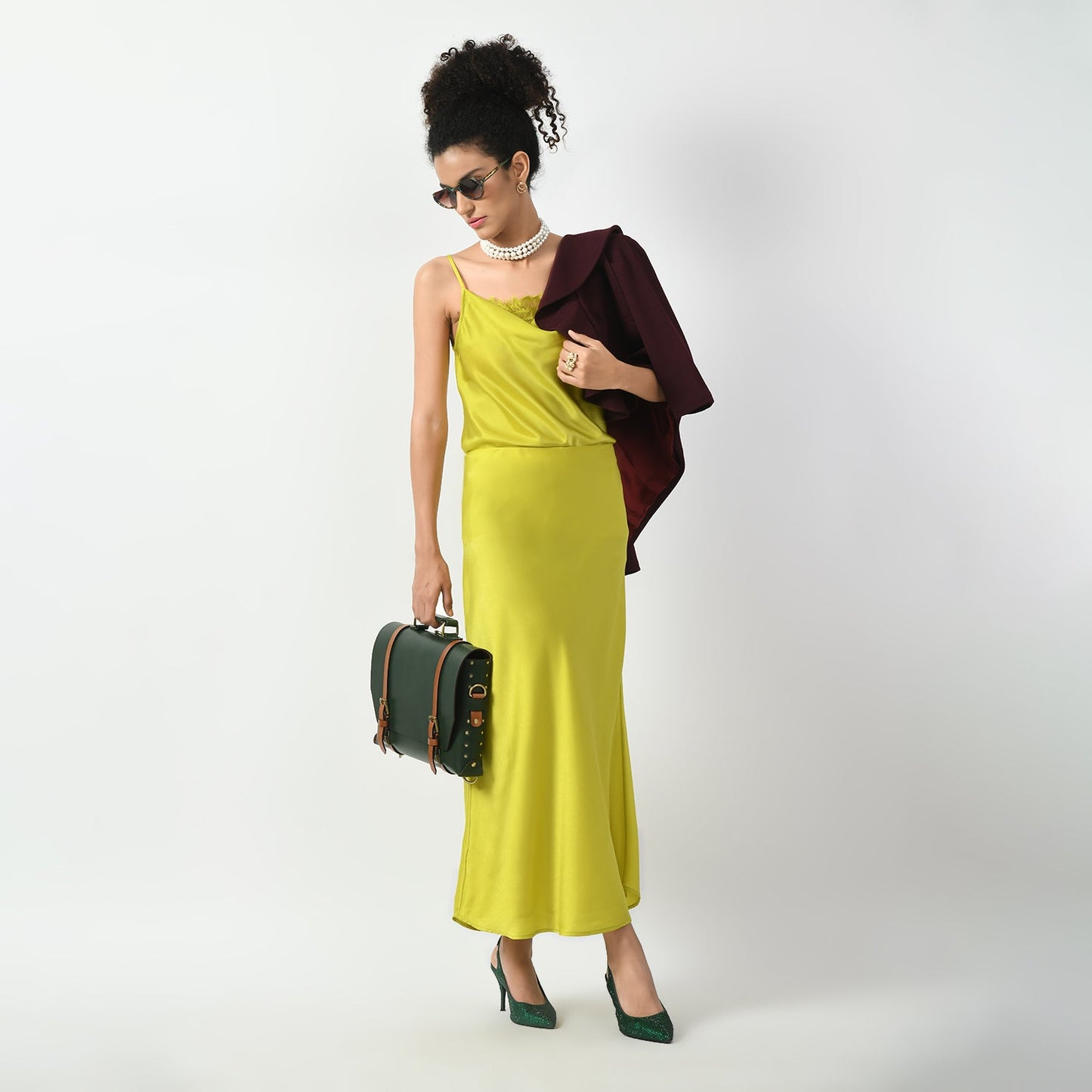 Olive Satin Bias Skirt