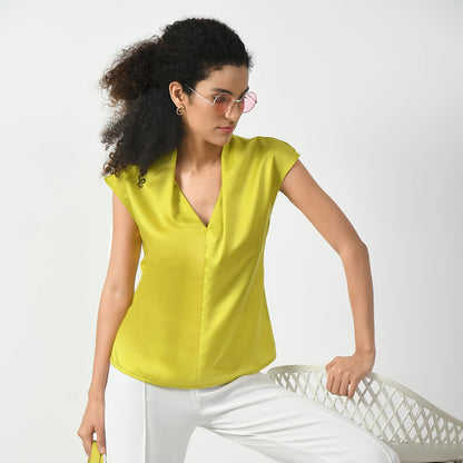 Olive Satin V Neck Top