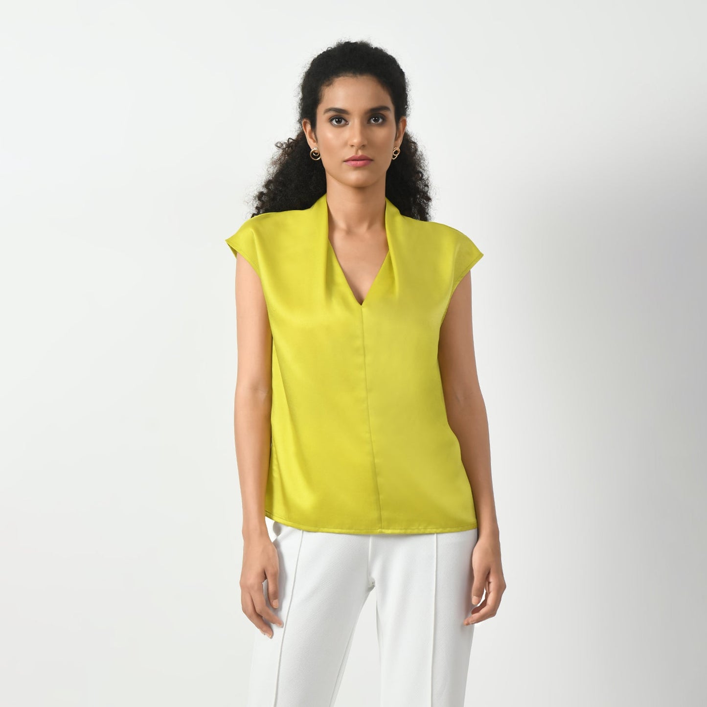 Olive Satin V Neck Top