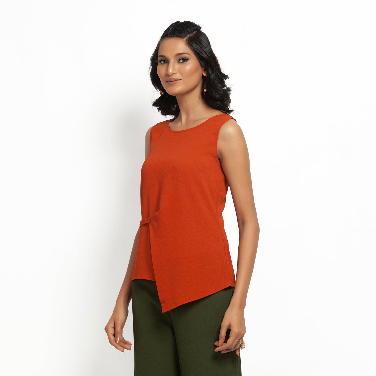 Orange Crepe Top With Drape At Waist