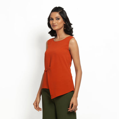 Orange Crepe Top With Drape At Waist