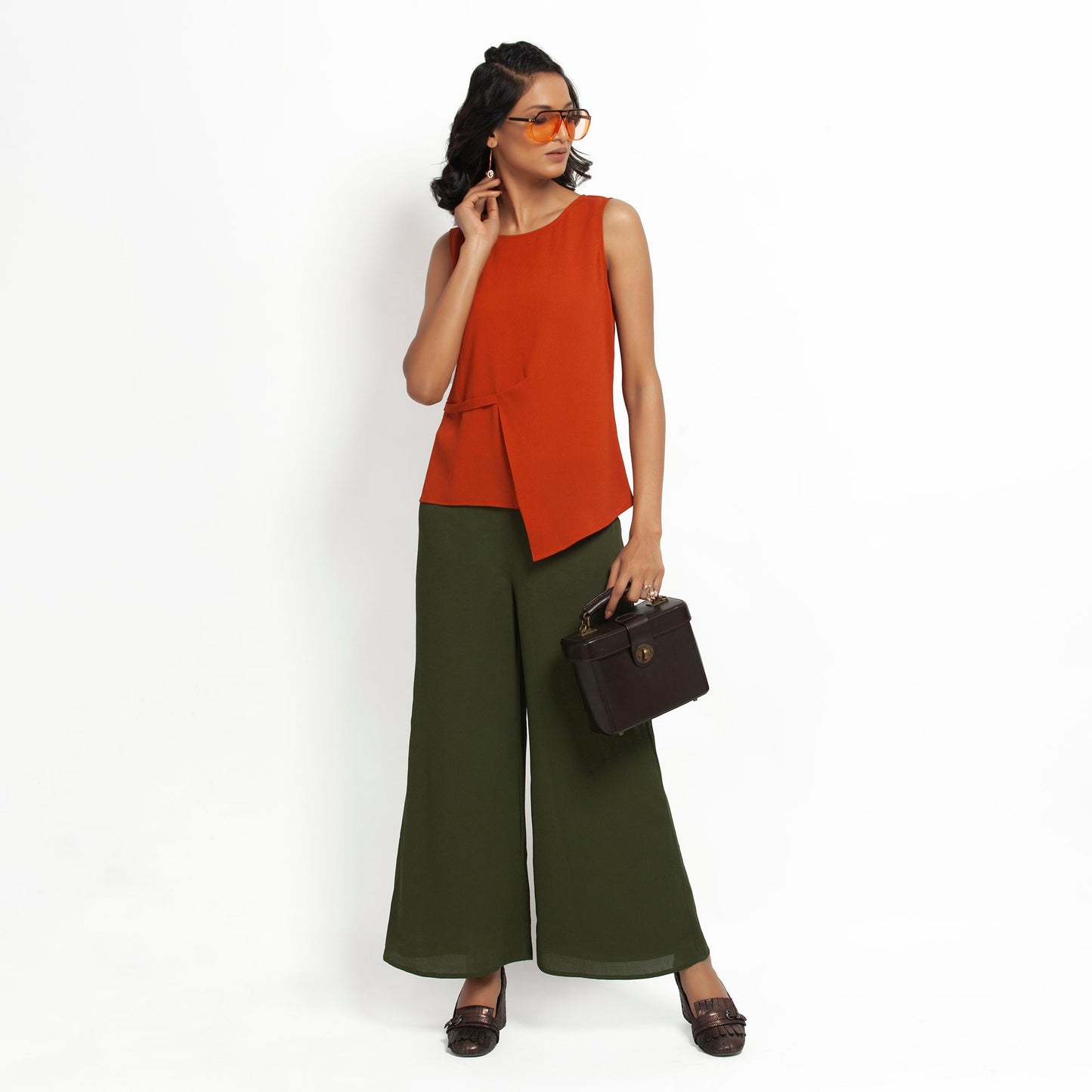 Orange Crepe Top With Drape At Waist