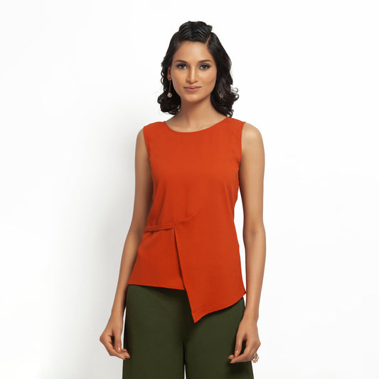 Orange Crepe Top With Drape At Waist
