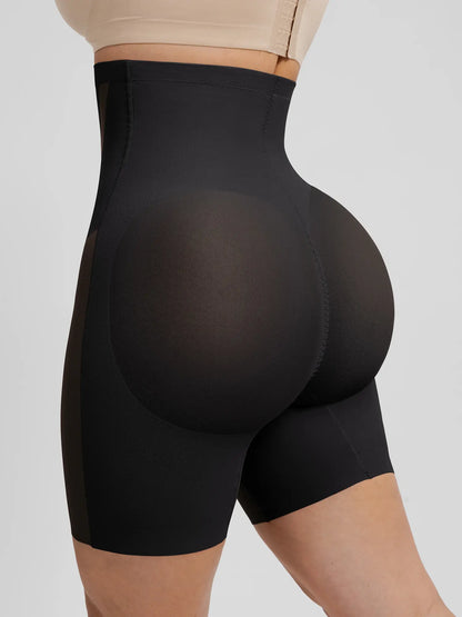 Side-rear view of black contouring shaper shorts showing the 3D peach buttock lift design to enhance natural curves