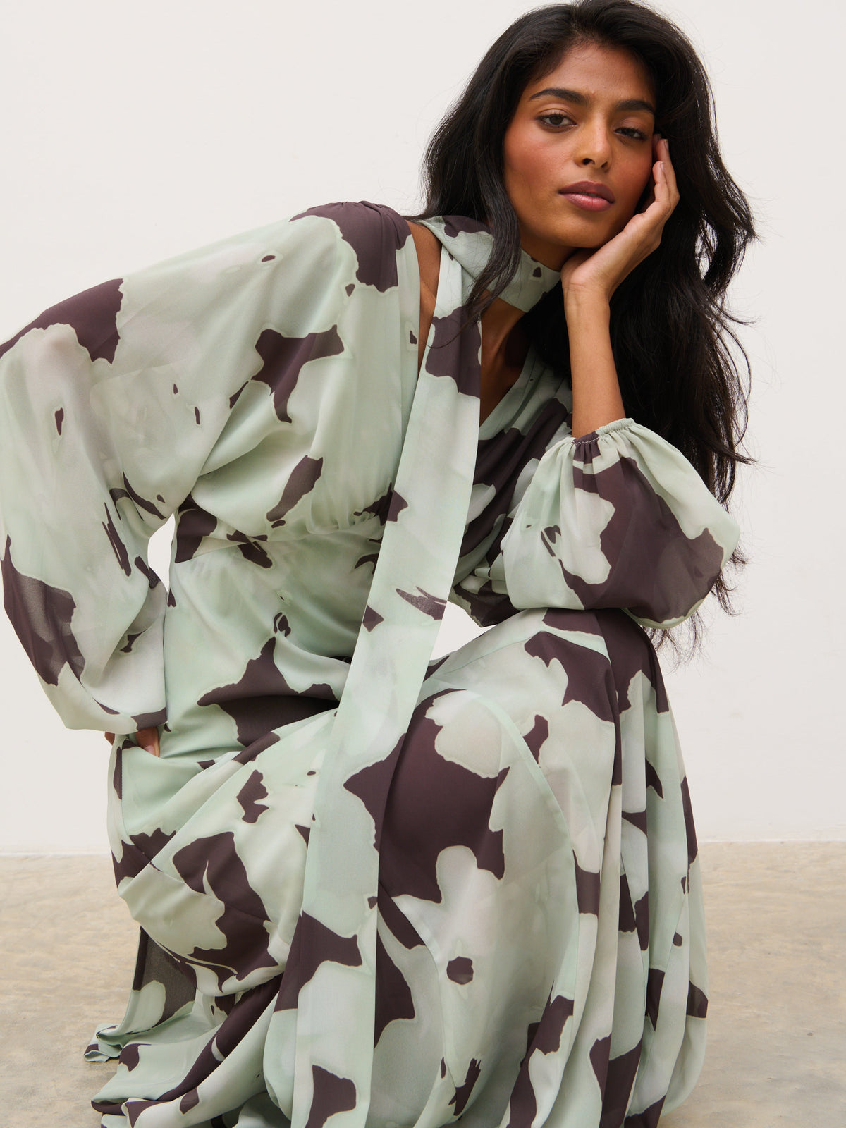 Petula Batwing Scarf Maxi Dress - Mint Watercolour Floral