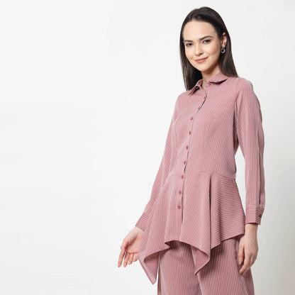 Pink Asymmetrical Shirt With White Lines