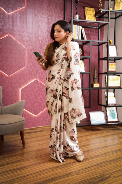 Pink Floral Print Saree