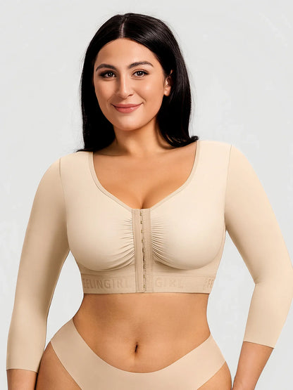 Khaki post-surgery arm shaping top with 3/4 sleeves and front hook closure on a model for post-op recovery.