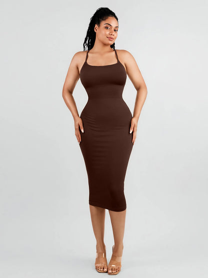Front profile of a dark brown ribbed cami dress with removable pads and adjustable slim straps for everyday smoothing