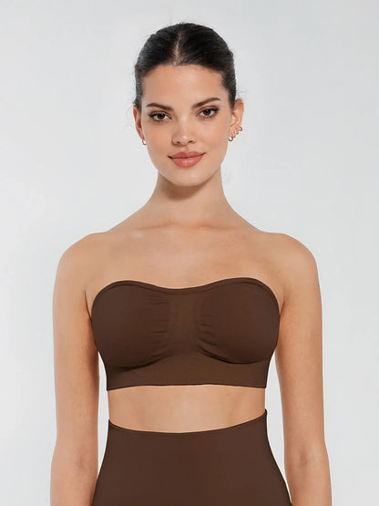 Front profile of a dark brown strapless bandeau bra showing secure silicone lining and bust-lifting fit