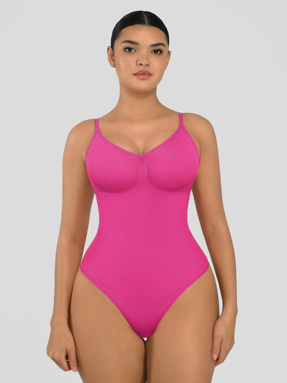 Seamless shapewear bodysuit with tummy control and thong design—lightweight, invisible under clothes, and designed for all body types for everyday wear, office, or parties.