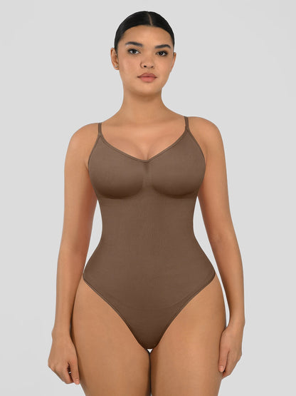 Seamless shapewear bodysuit with tummy control and thong design—lightweight, invisible under clothes, and designed for all body types for everyday wear, office, or parties.