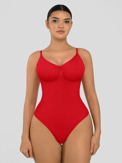 Seamless shapewear bodysuit with tummy control and thong design—lightweight, invisible under clothes, and designed for all body types for everyday wear, office, or parties.