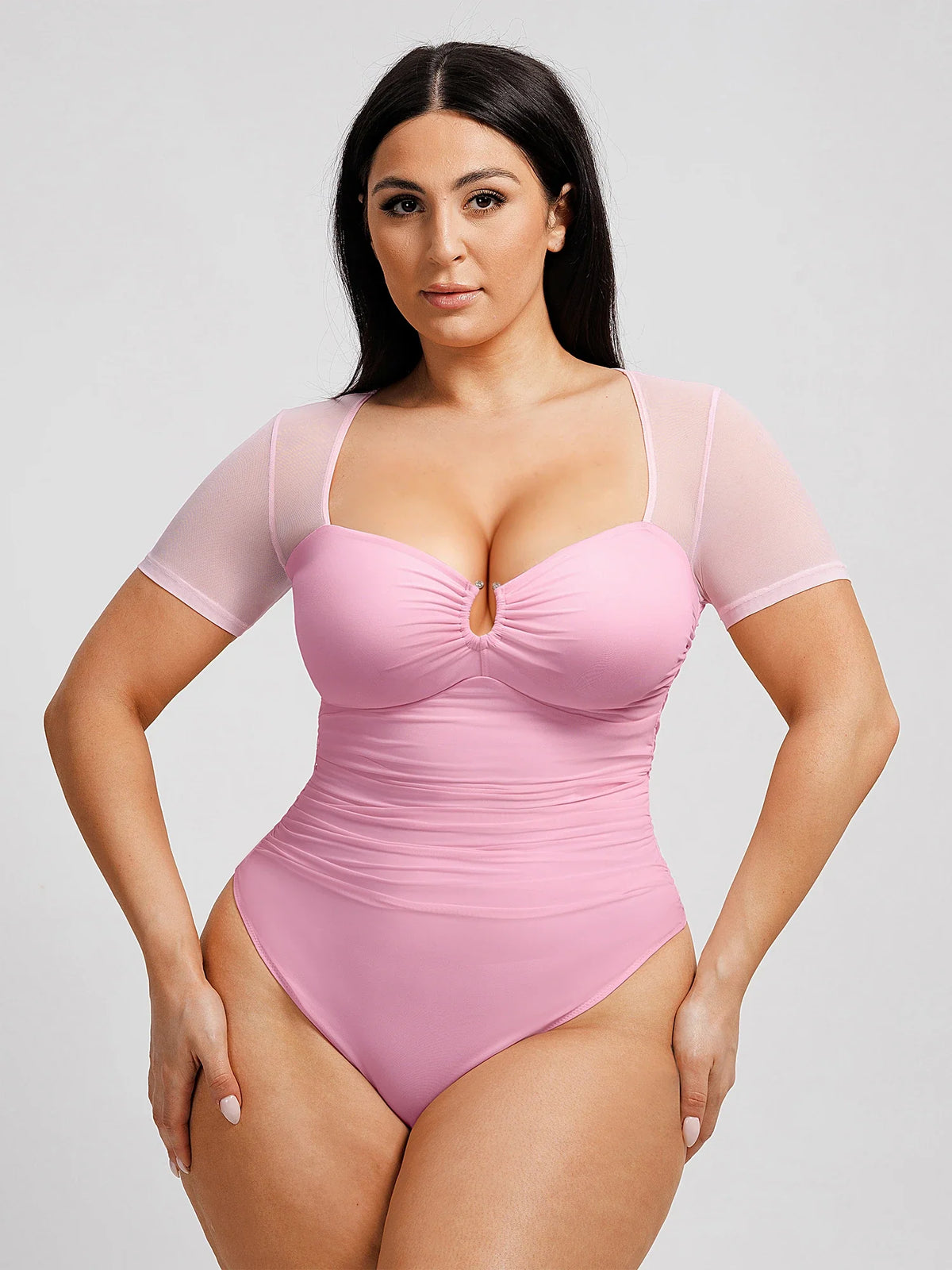 Sculpting mesh bodysuit with U-wire lift, waist-slimming ruched mesh, and ultra-stretch breathable fabric for comfortable tummy control, seamless shaping, and all-day wear under any outfit.