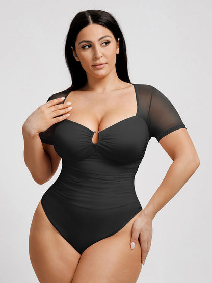 Sculpting mesh bodysuit with U-wire lift, waist-slimming ruched mesh, and ultra-stretch breathable fabric for comfortable tummy control, seamless shaping, and all-day wear under any outfit.
