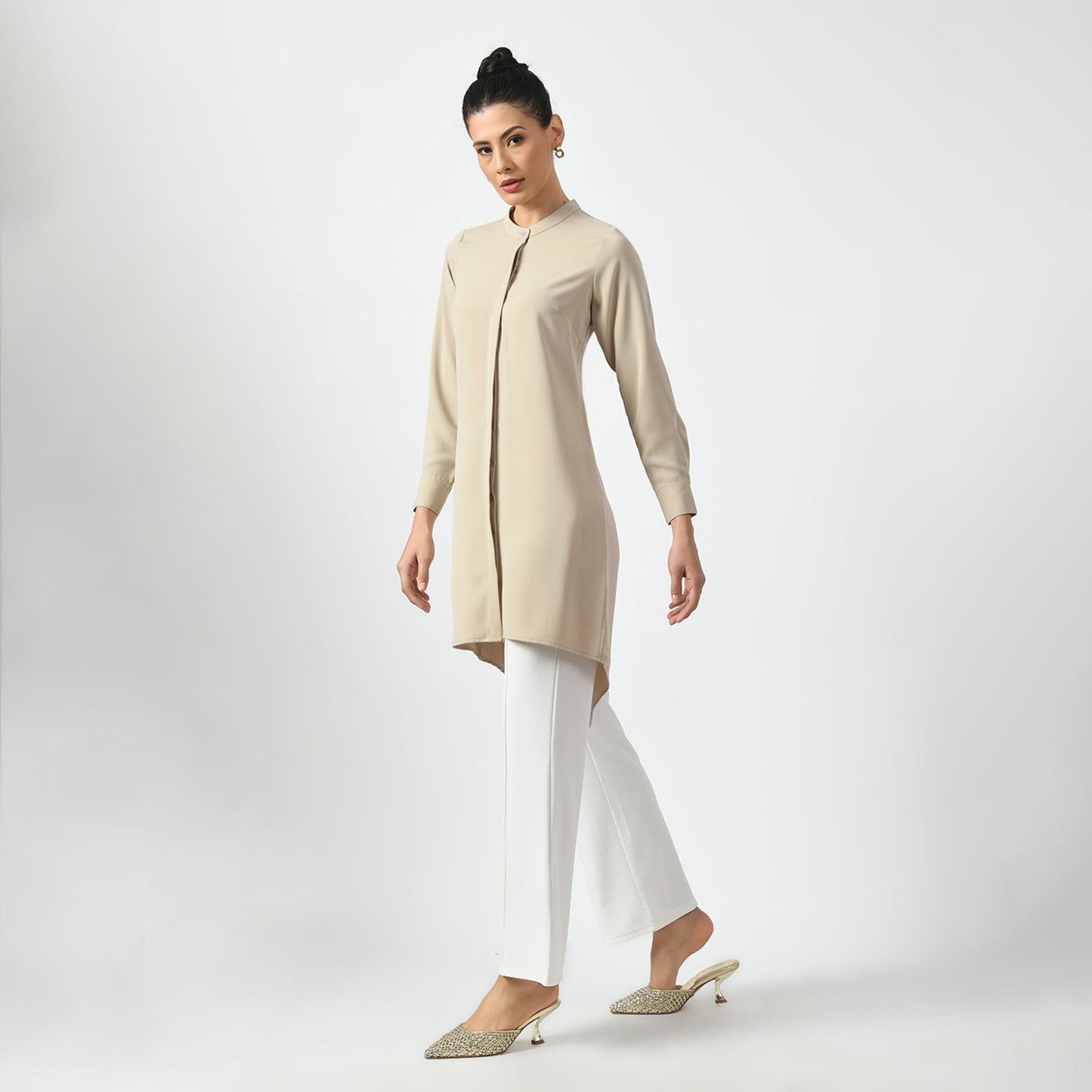 Light Beige Tunic With Mandarin Collar