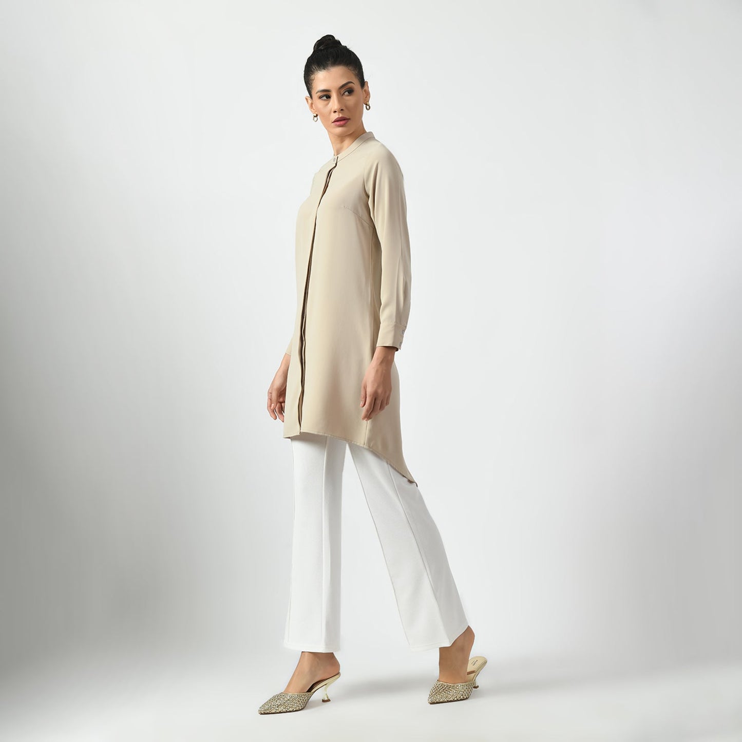 Light Beige Tunic With Mandarin Collar