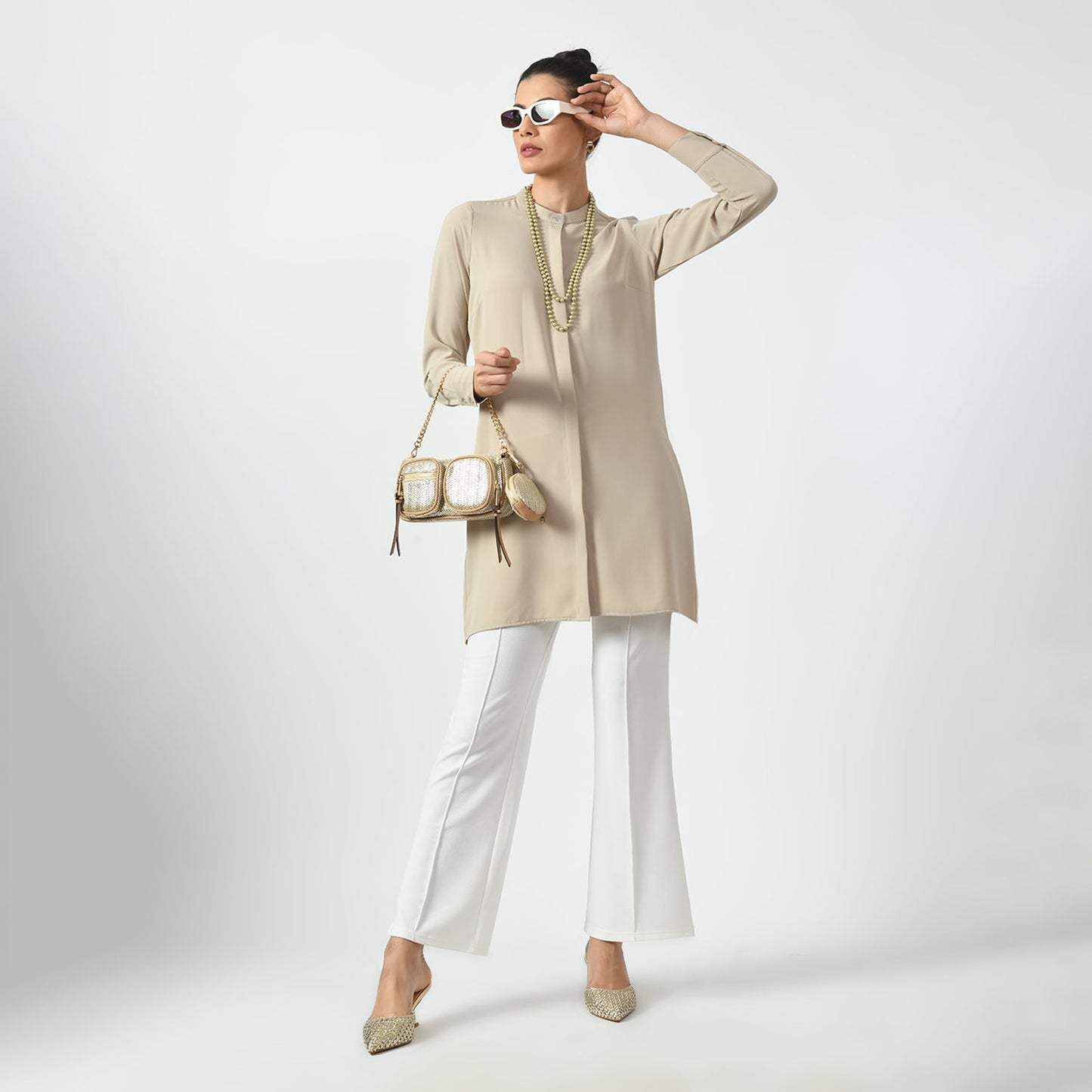 Light Beige Tunic With Mandarin Collar