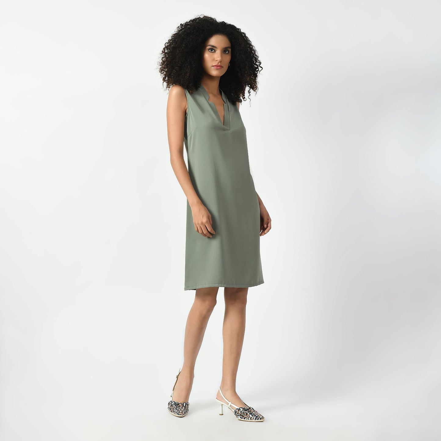 Dusty Green Sleeveless V Neck Dress