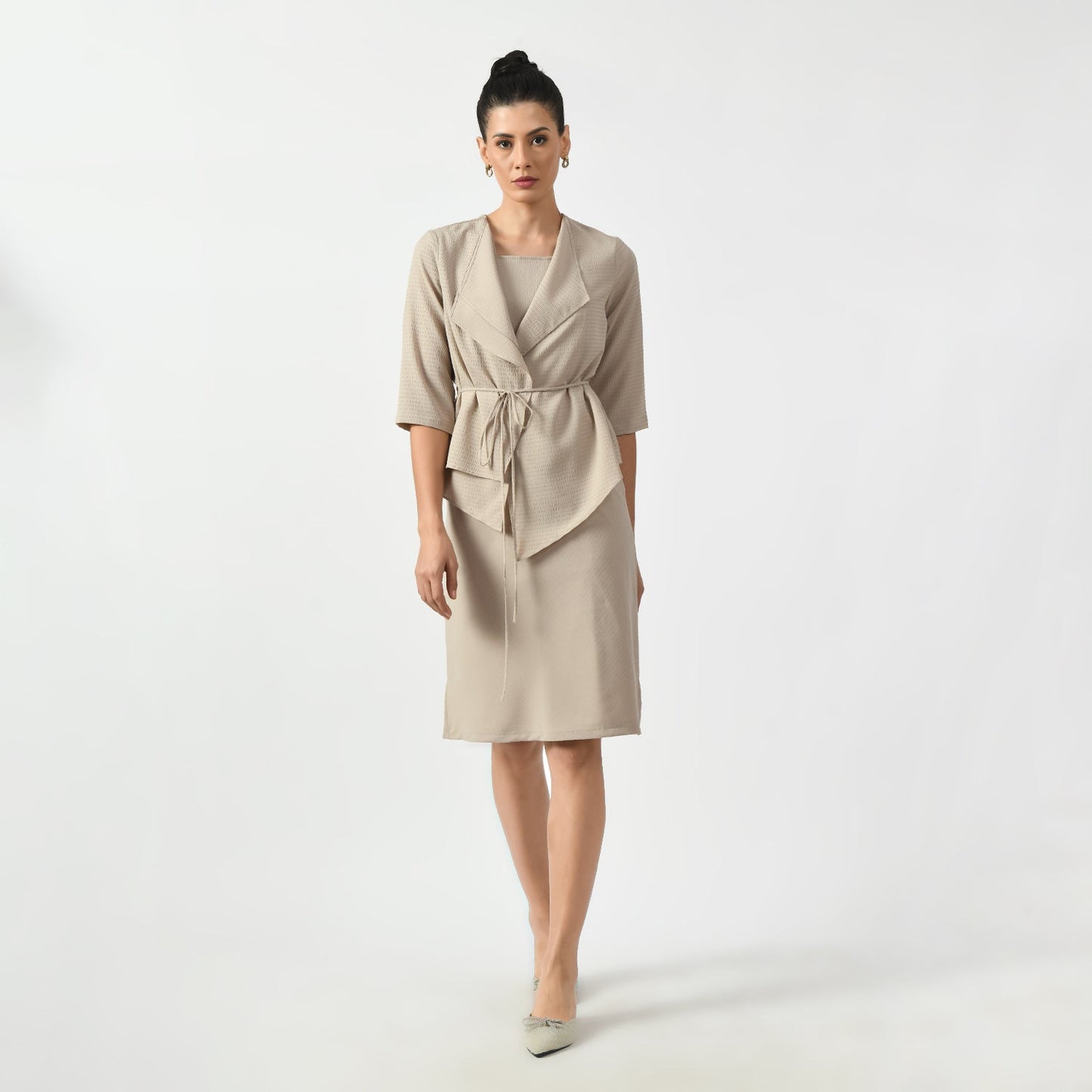 Beige Texture Jacket With Wrap And Tie Knot