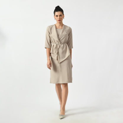 Beige Texture Jacket With Wrap And Tie Knot