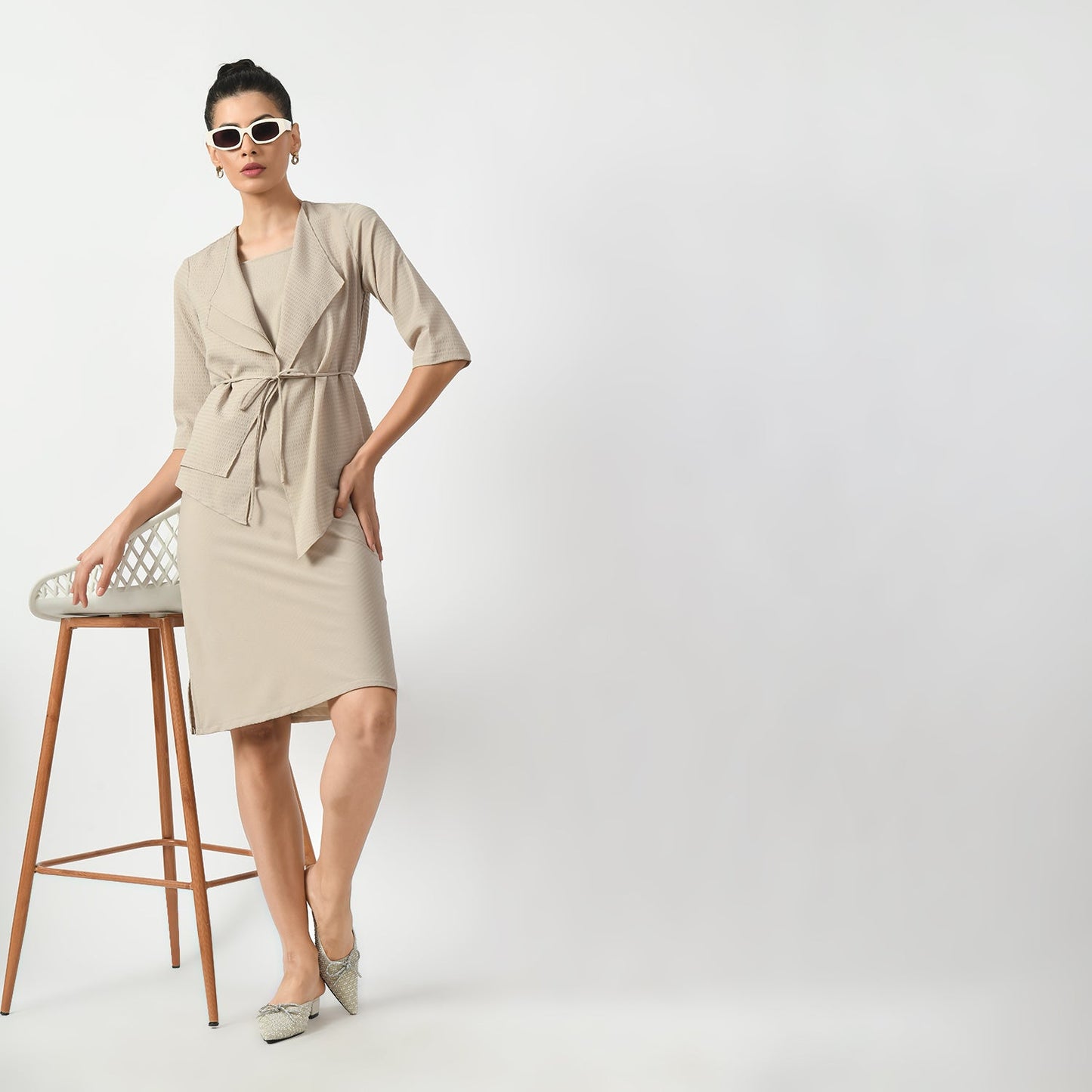 Beige Texture Jacket With Wrap And Tie Knot