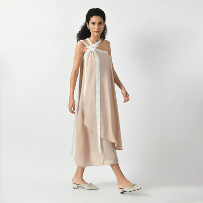 Off white Asymmetrical Dress With Ribbed Ribbon
