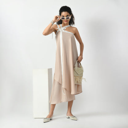 Off white Asymmetrical Dress With Ribbed Ribbon