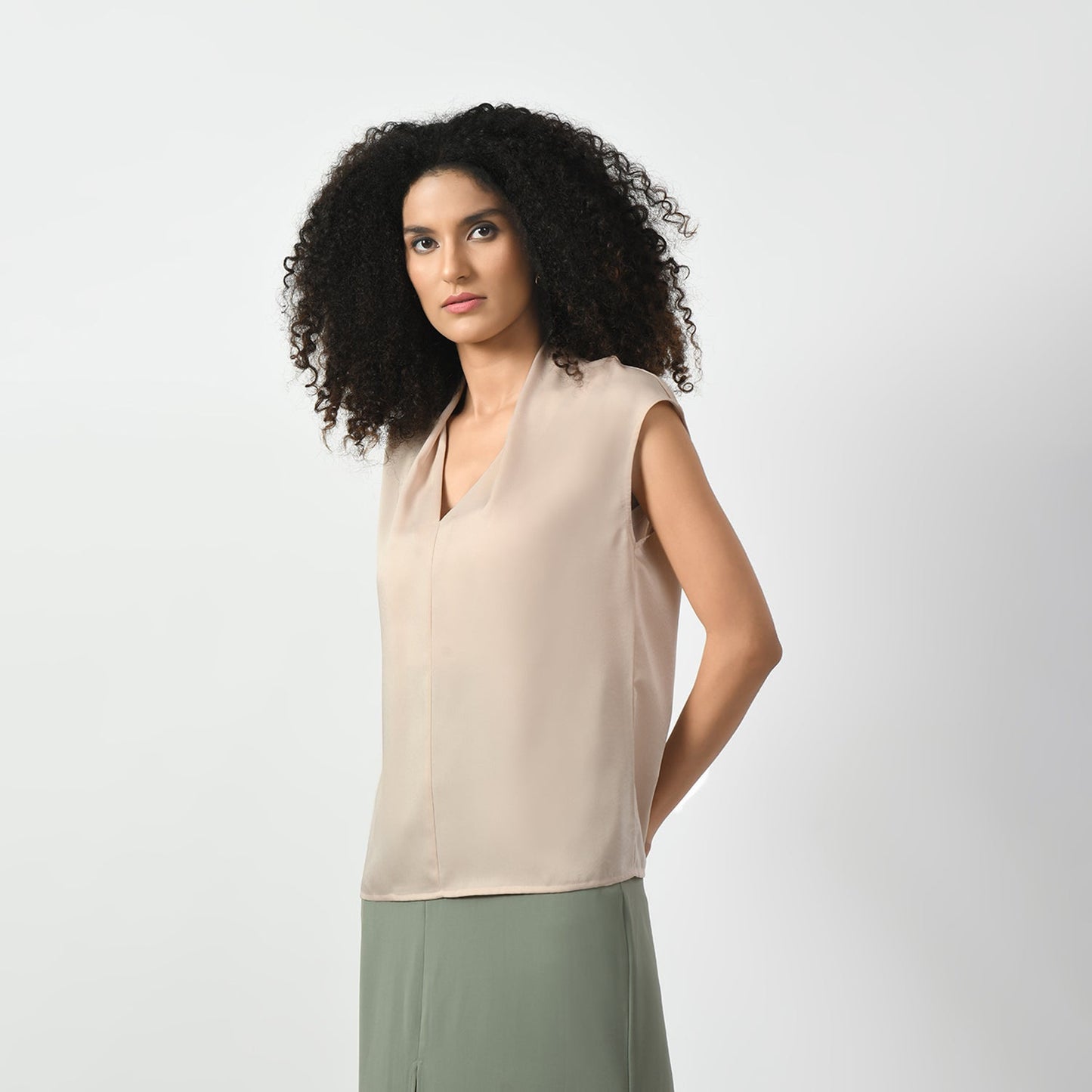 Off White Satin V Neck Top