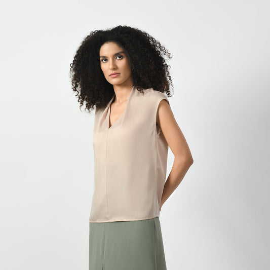 Off White Satin V Neck Top