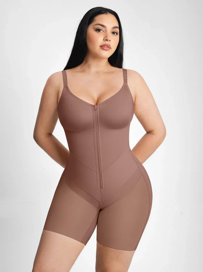 Front view of a warm nude faja bodysuit featuring double-layer breathable mesh and a 4.33-inch V-shaped abdominal shaping panel