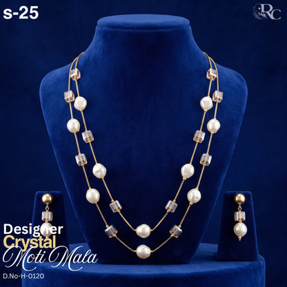 Designer Crystal Pearl Moti Mala Necklace Set – Elegant Double Layer Jewelry Set | 03