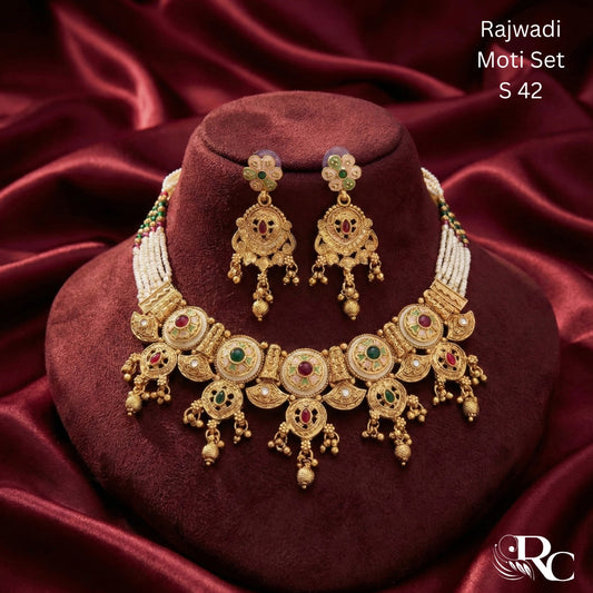 Rajasthani Moti Kundan Necklace Set | S42 - S01