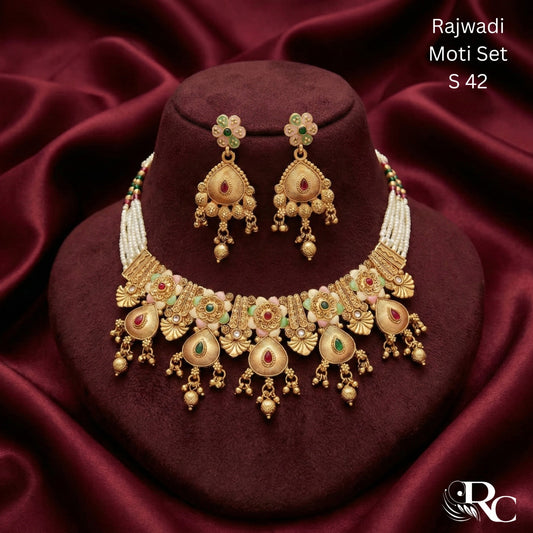 Rajasthani Moti Kundan Necklace Set | S42 - S03