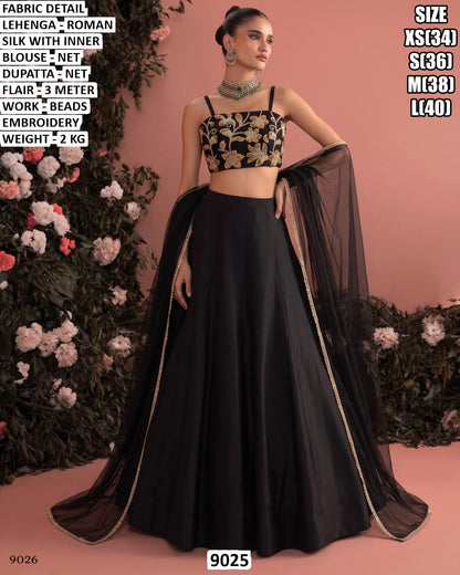 Elegant Black Roman Silk Lehenga with Heavy Beads Embroidery & Net Dupatta | Black