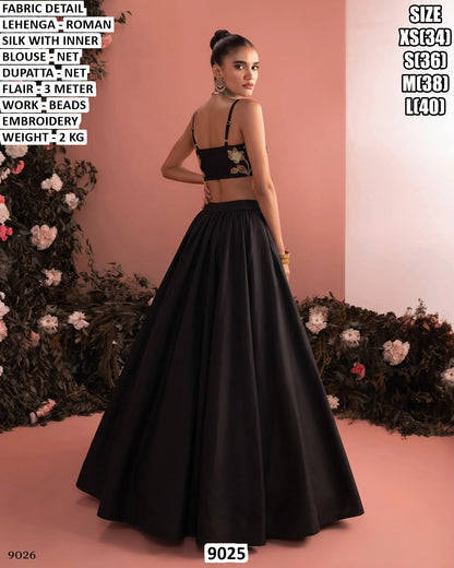 Elegant Black Roman Silk Lehenga with Heavy Beads Embroidery & Net Dupatta | Black