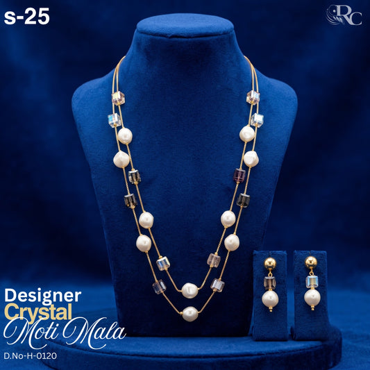 Designer Crystal Pearl Moti Mala Necklace Set – Elegant Double Layer Jewelry Set | 02