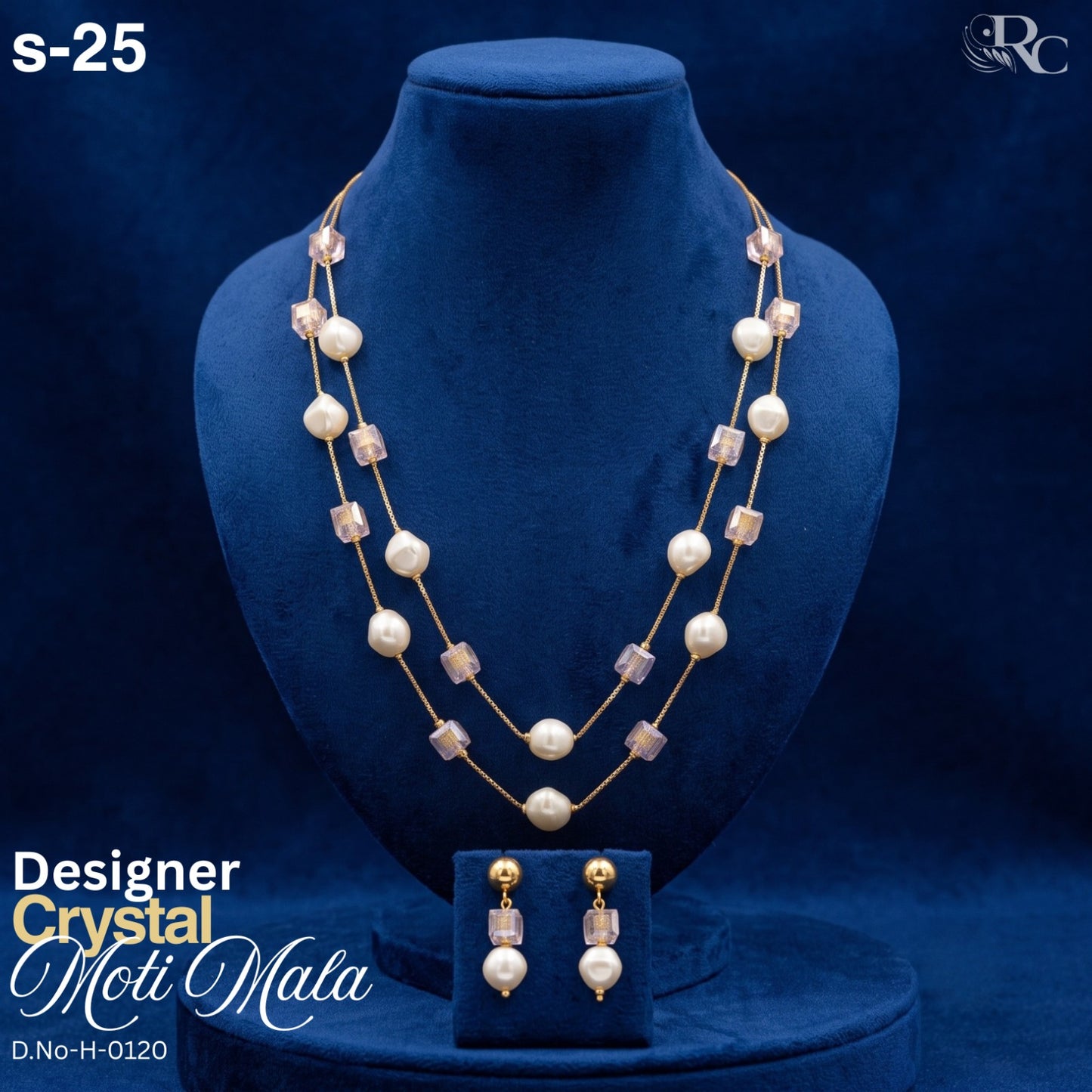 Designer Crystal Pearl Moti Mala Necklace Set – Elegant Double Layer Jewelry Set | 03
