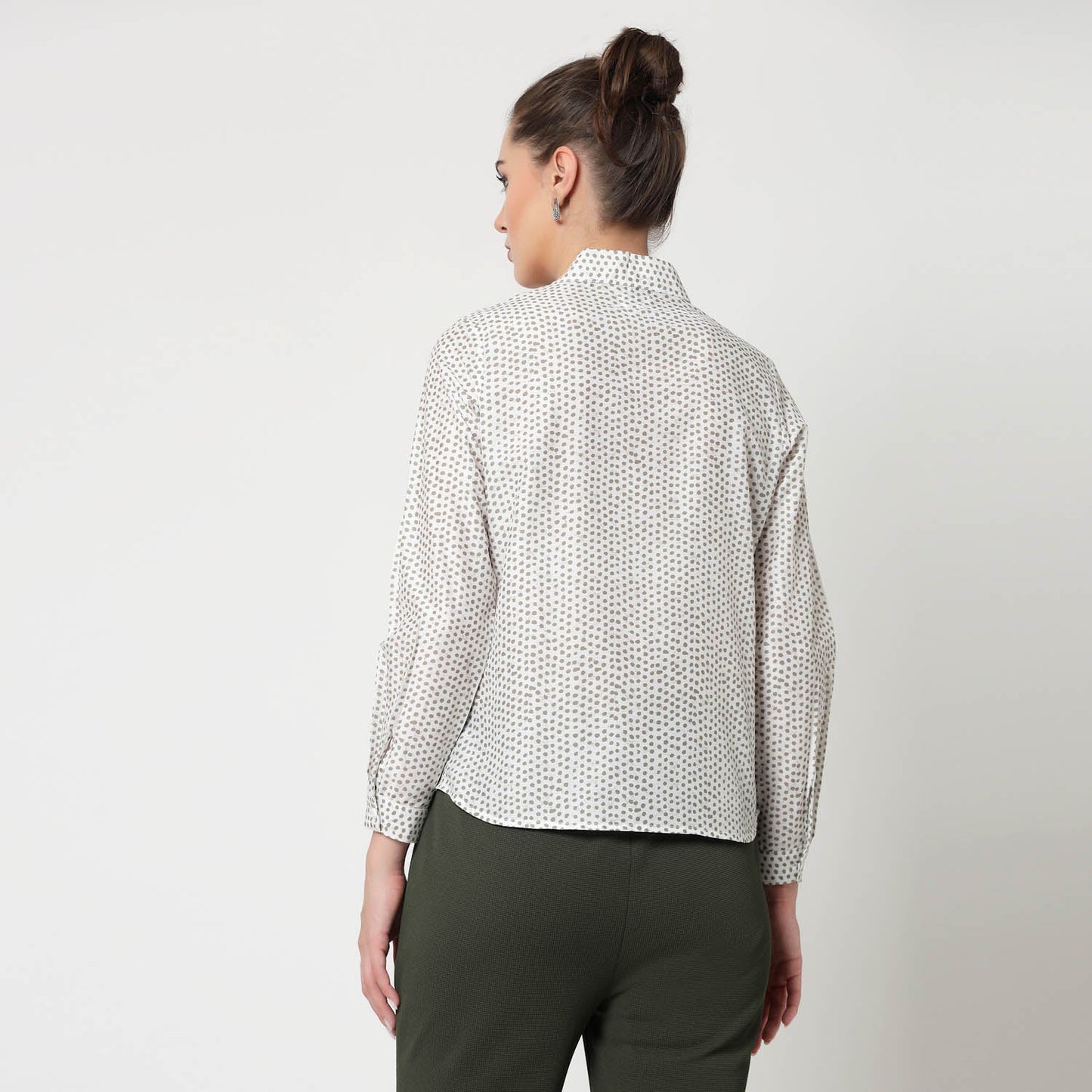 White & Olive Polka Top With Tie Knot