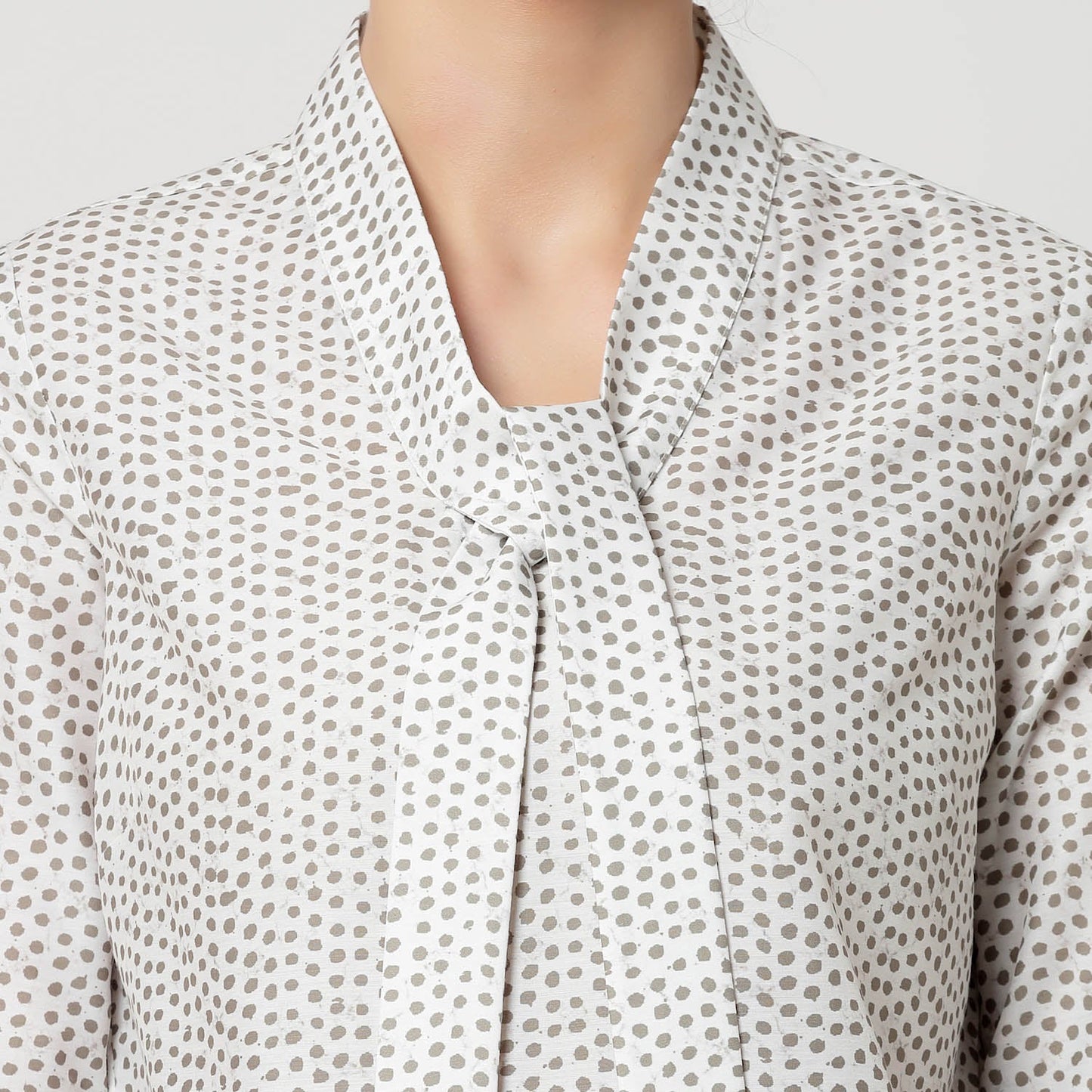 White & Olive Polka Top With Tie Knot