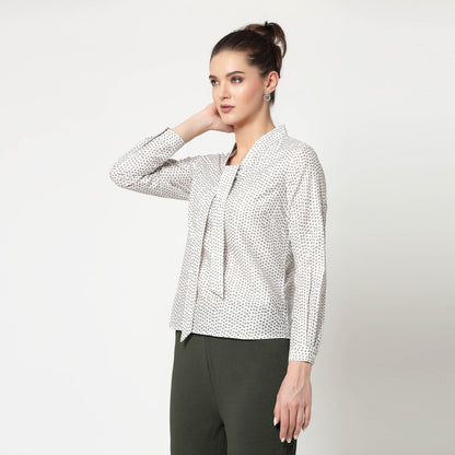 White & Olive Polka Top With Tie Knot