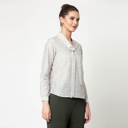 White & Olive Polka Top With Tie Knot