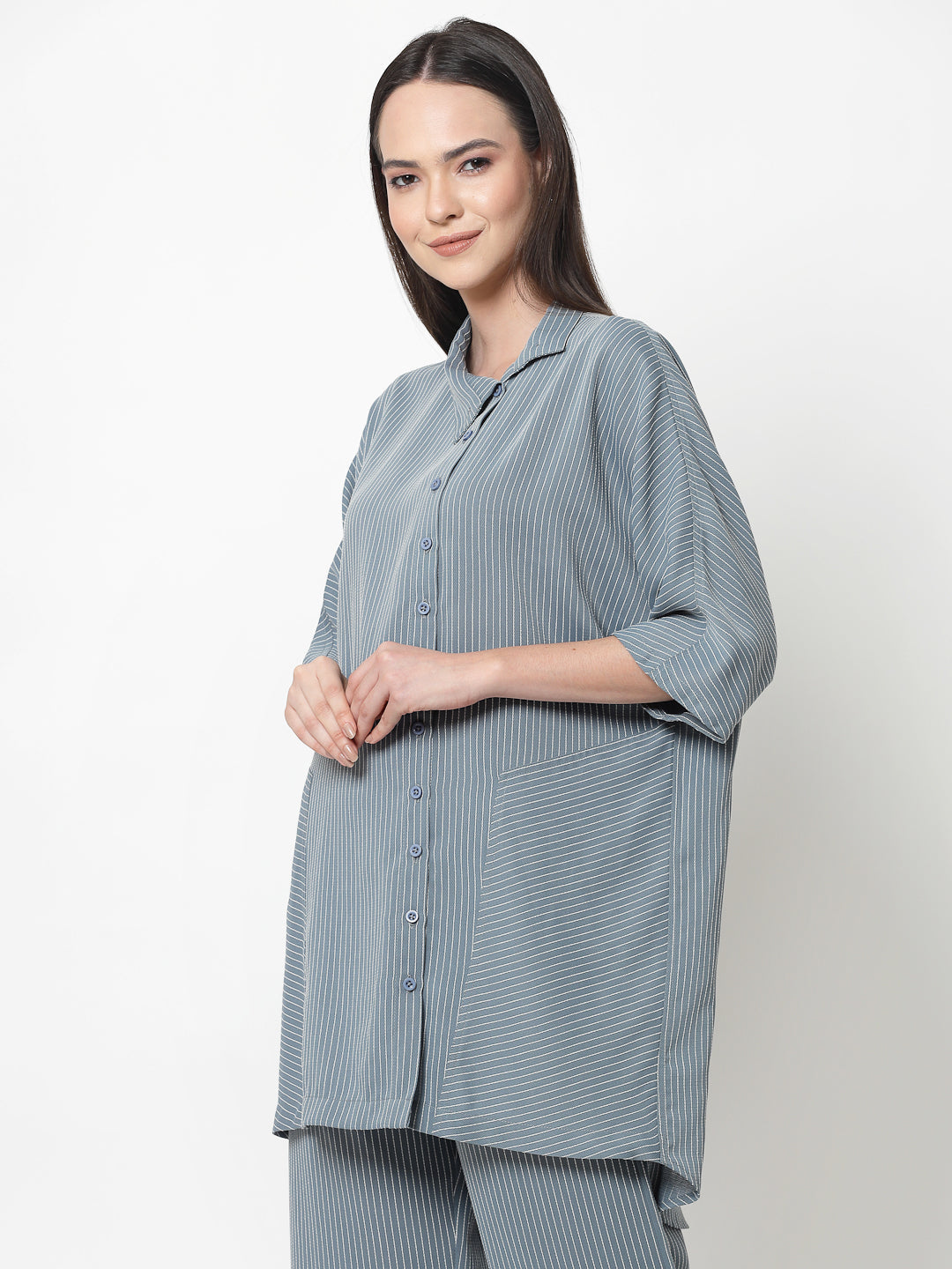 Blue Oversize Shirt With White Lines