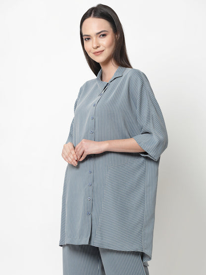 Blue Oversize Shirt With White Lines
