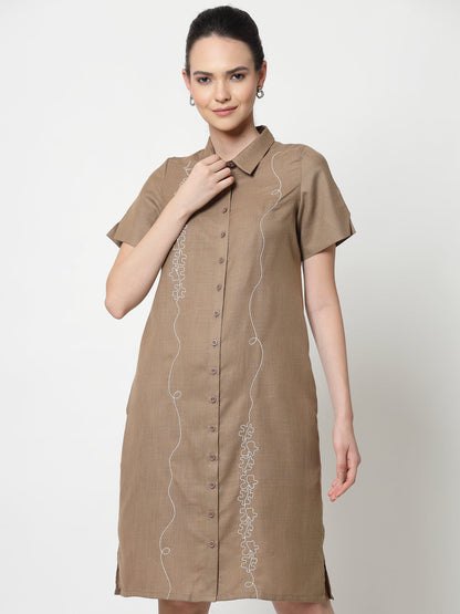Dark Beige Long Tunic With Puzzle Embroidery